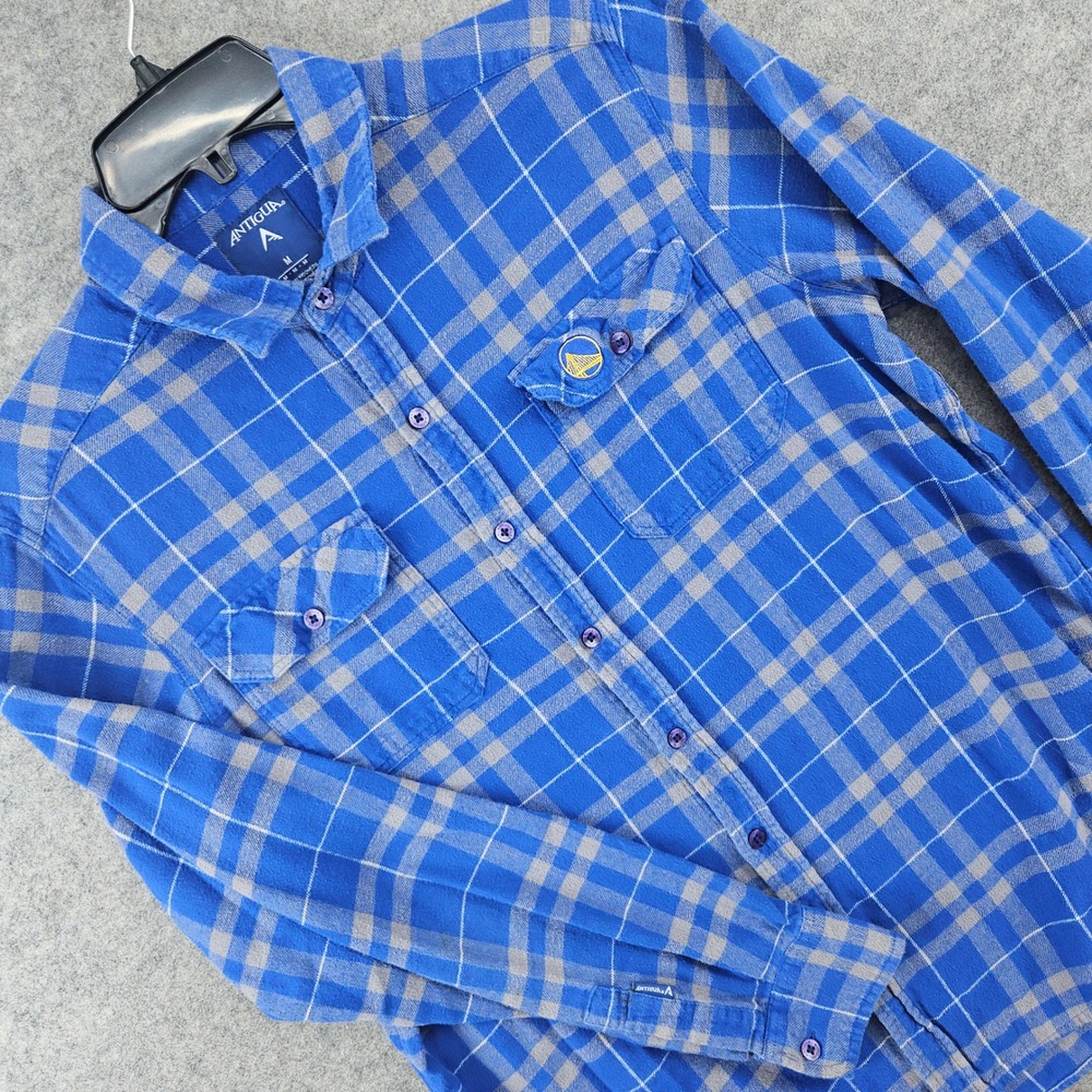 Antigua Golden State Warriors Shirt Men Medium Blue Plaid Flannel NBA Basketball